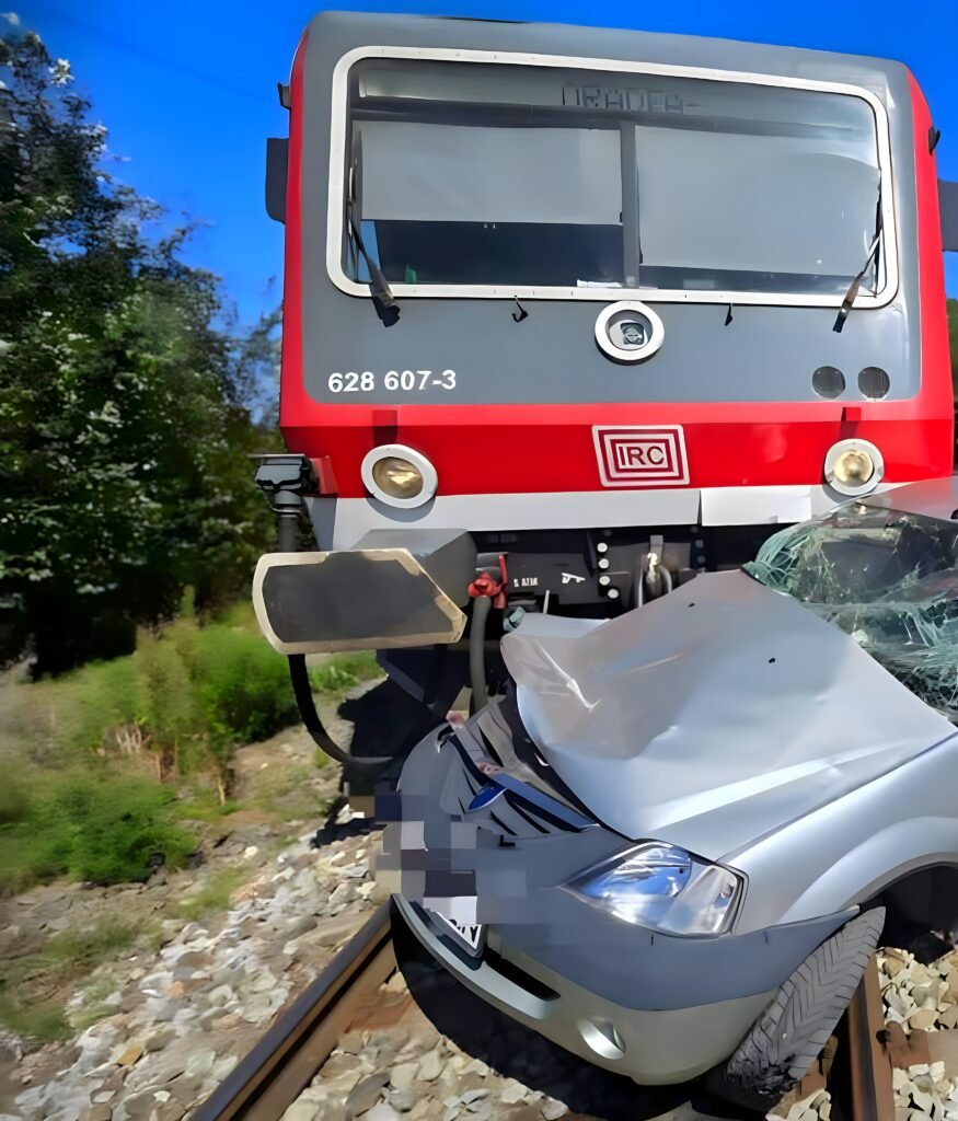 O Dacia Logan a fost lovită și târâtă de un tren 20 de metri, în Satu Mare